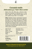 Verkkomeloni 'Hale's Best Jumbo', Tummanvihreät, soikeat hedelmät, koristeellisen, valkoisen verkkokuvion peitossa, paino noin 1-1,5 kg.
