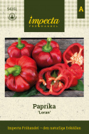 Paprika 'Loran', Kauniit, litteänpyöreät ja uurteiset hedelmät. Kypsyy vihreänviolettisesta syvänpunaiseen.