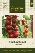 Kirsikkatomaatti F1 'Consuelo', Paljon kirkkaanpunaisia, tasaisen pyöreitä, noin 20 gramman painoisia hedelmiä pitkissä tertuissa.