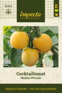Cocktailtomaatti 'Weißer Pfirsich', Perinnekasvi vuodelta 1890. Tunnetaan myös nimellä 